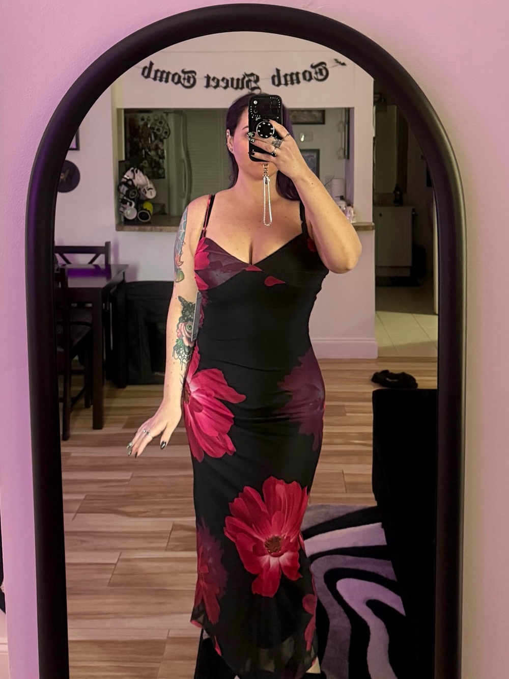 NWT Madden Girl Black Maxi Slip Dress with Bold Pink Floral Print MED